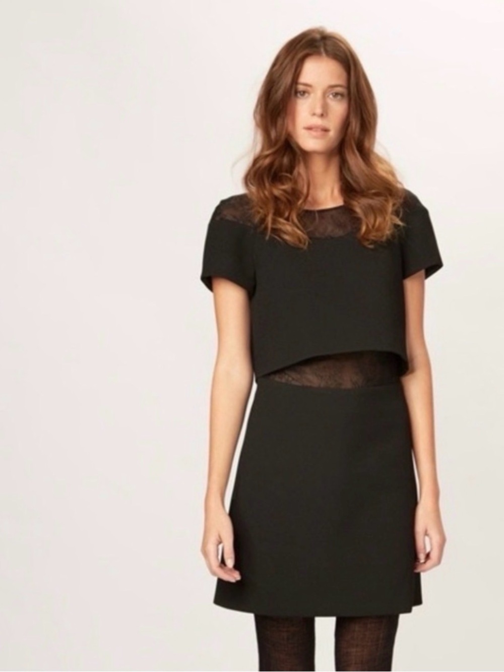 Maje Dress Black Lace Mini Grimage Illusion Crop Top Pleated Skirt Size Small
